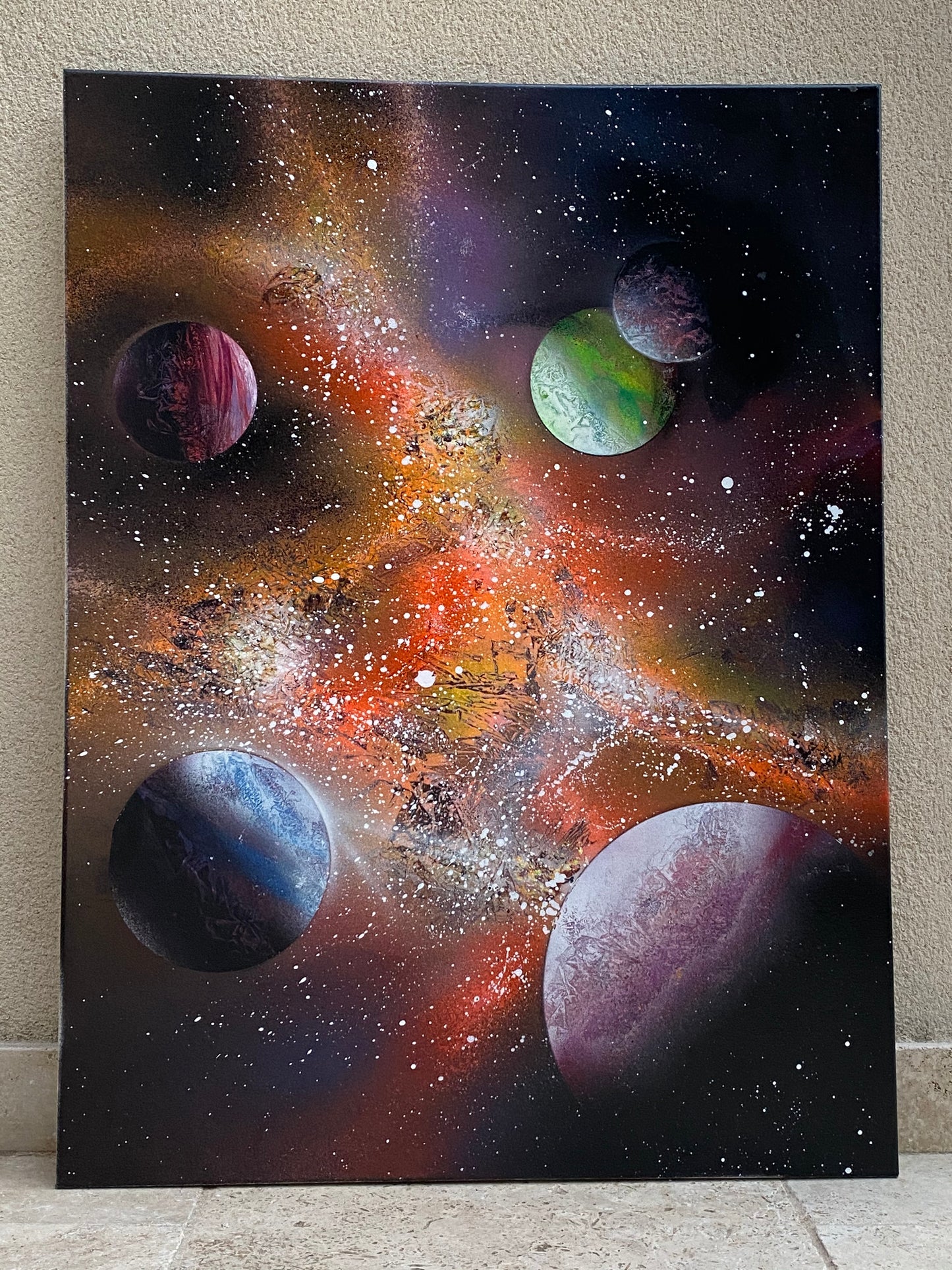 Tableau Galaxie - Nébuleuse Red - Acrylique - Spray Paint Art - Peinture sur toile