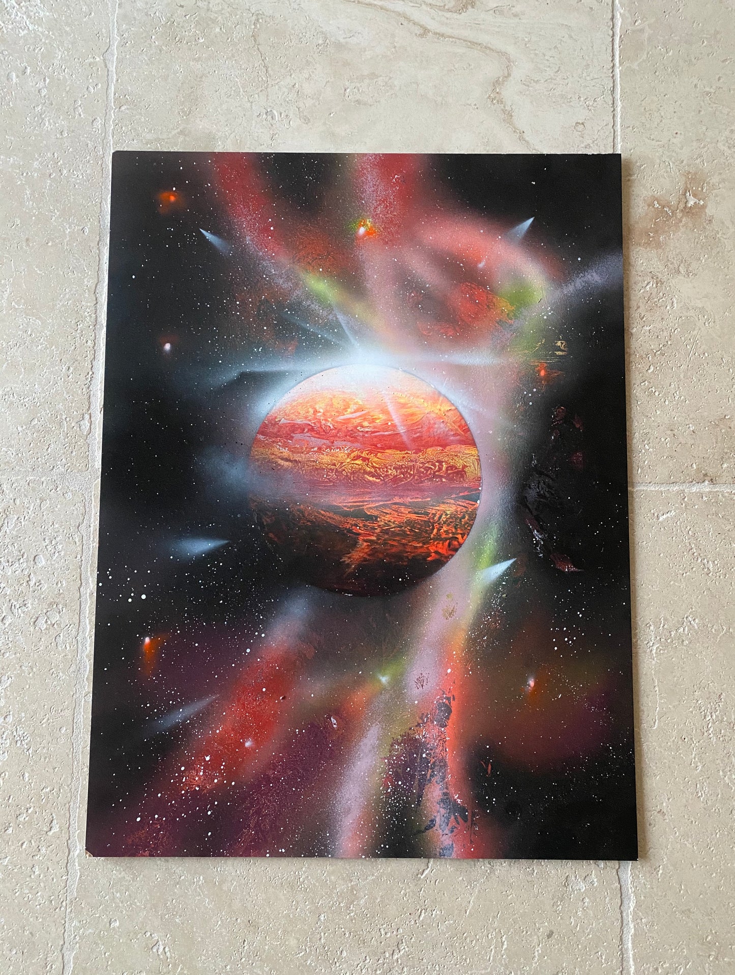Tableau Galaxie - Au coeur de Mars - Acrylique - Spray Paint Art - Peinture sur boi