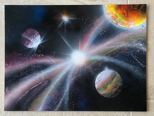 Tableau Galaxie - Univers - Evasion Cosmique - Acrylique - Spray Paint Art - Peinture sur bois