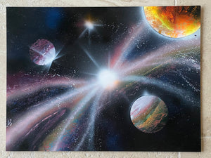 Tableau Galaxie - Univers - Evasion Cosmique - Acrylique - Spray Paint Art - Peinture sur bois